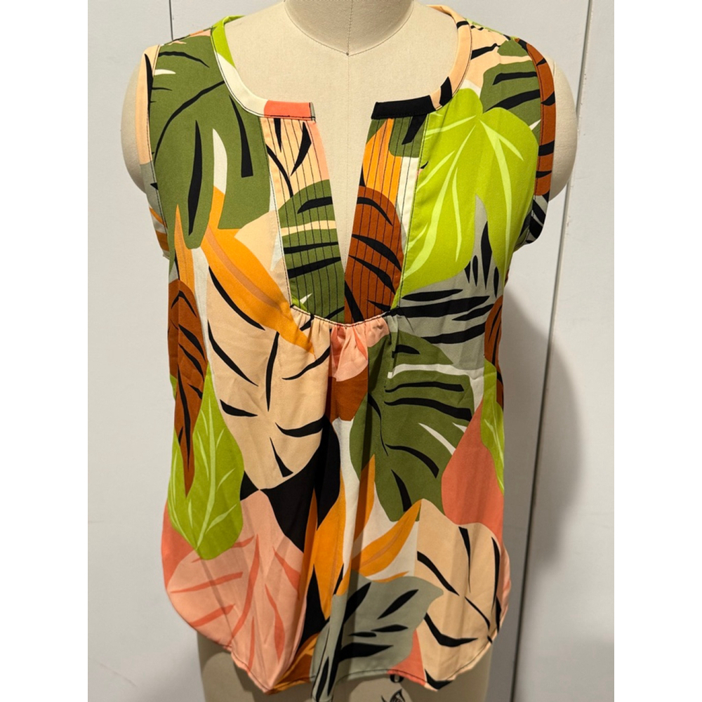 Women's LOFT Green Orange Tropical Leaf Print knit split neck sleeveless Top S